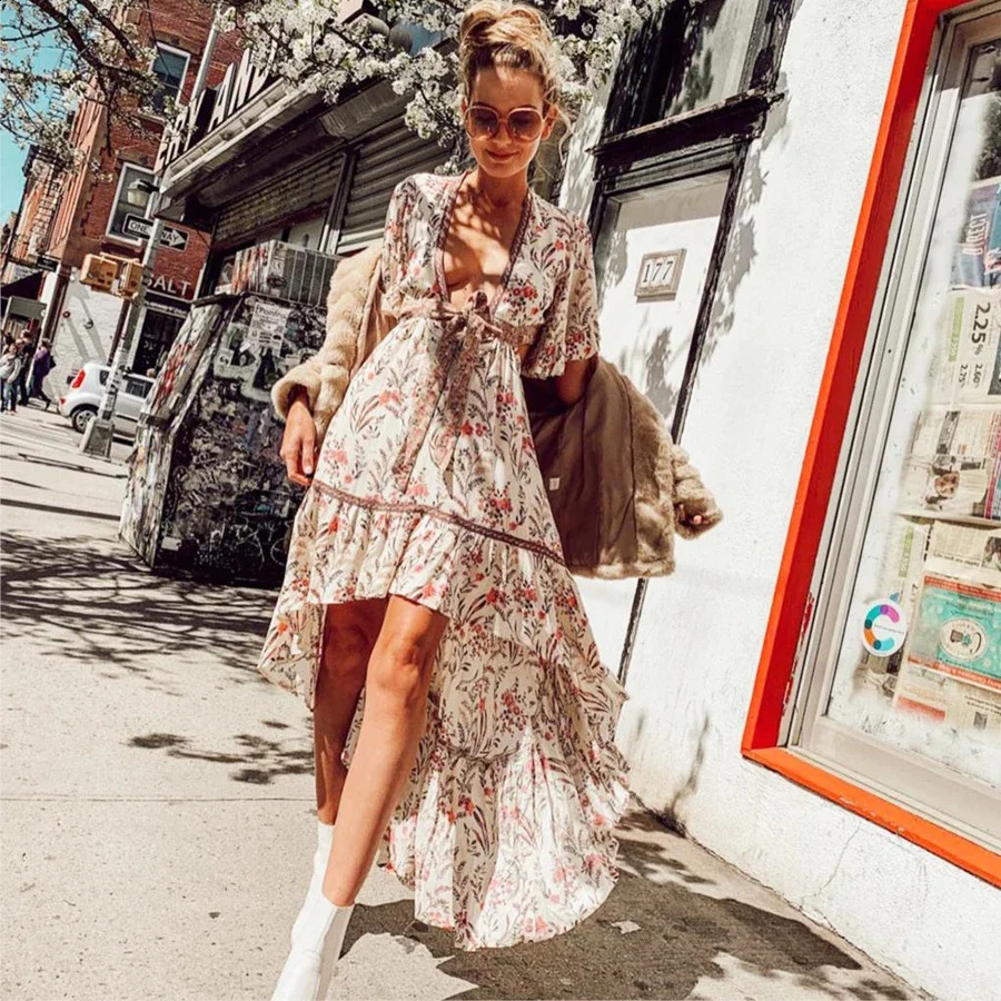 AYUALIN sexy irregular womens deep V-neck Bohemian dress with adjustable waistband floral print summer dress Gypsy dress Vestitos 250103