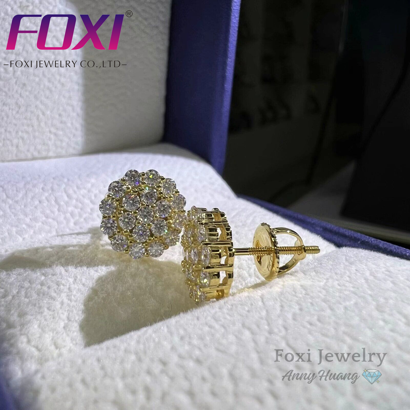 Sterg Sier Moissanite Yellow Gold Plated Round Cut Fine Jewelry Dia Stud Earrings for Women Men