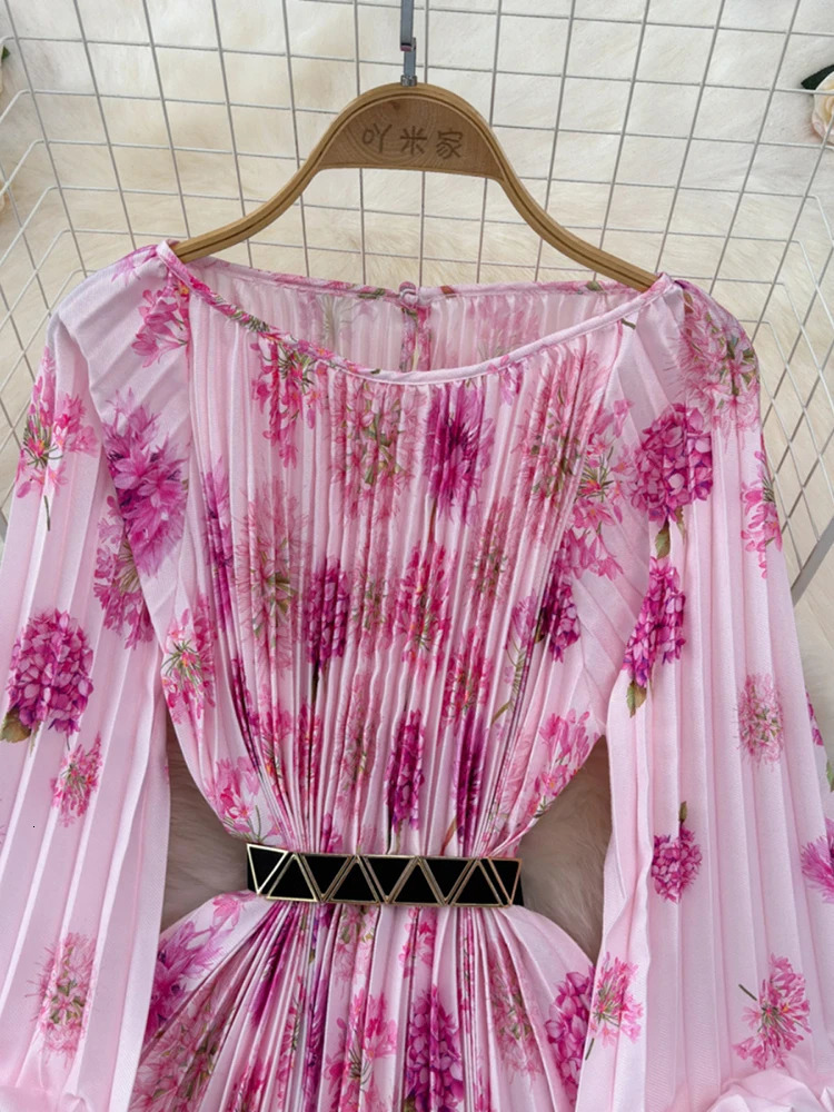 XFPV Women Temperament Printing Pleated High Waist A-line Dresses O-Neck Lantern Sleeve Vestidos Spring Summer 2025 SM10479 250103