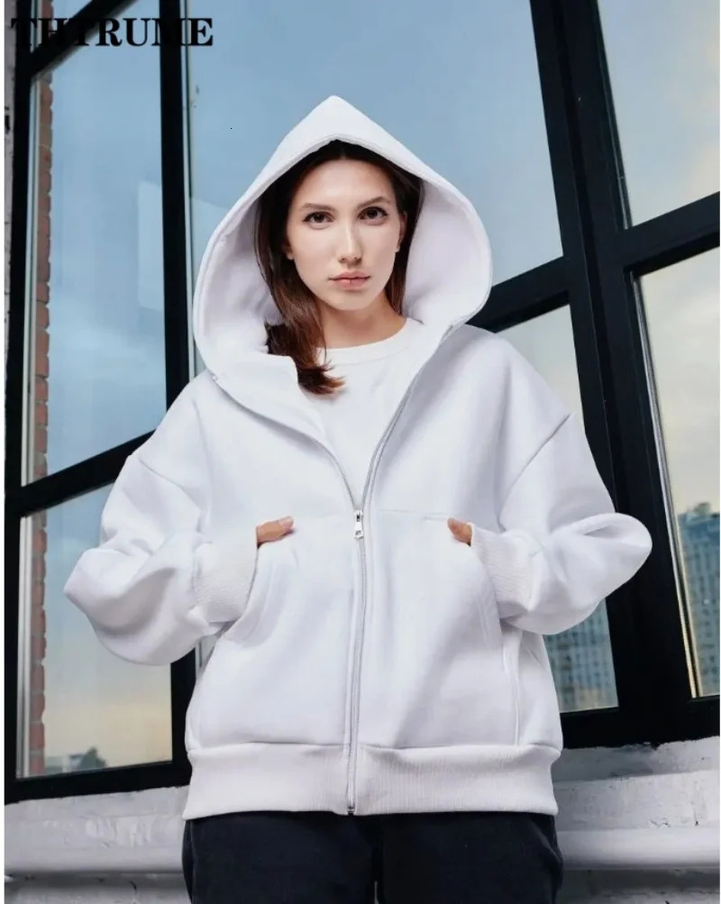 Elegant Oversized Solid Hoodies Fashion Women Autumn Winter Long Sleeve Hooded Tops Casual Zipper Pocket Vintage Sweatshirts 250103