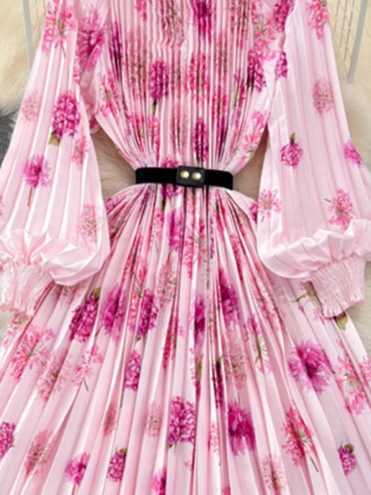 XFPV Women Temperament Printing Pleated High Waist A-line Dresses O-Neck Lantern Sleeve Vestidos Spring Summer 2025 SM10479 250103