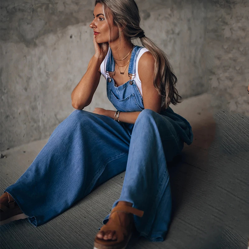 Summer Overalls For Women Blue Denim One-Piece Jumpsuits Loose Wide-Leg With Pocket High-Waist Jumpsuits 241230