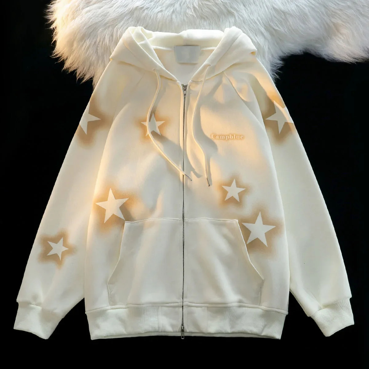 American Vintage Star Print Hoodies Women Harajuku Kpop Oversized Sweatshirts Y2K Aesthetic Zipper Tops Jacket Korean Streetwear 250102