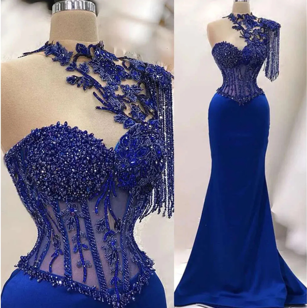 Beaded One Shoulder Prom Dresses Sweetheart Royal Blue Satin Mermaid Long Evening Gowns 2025 Charming Illusion Bride Reception Party Formal Dress