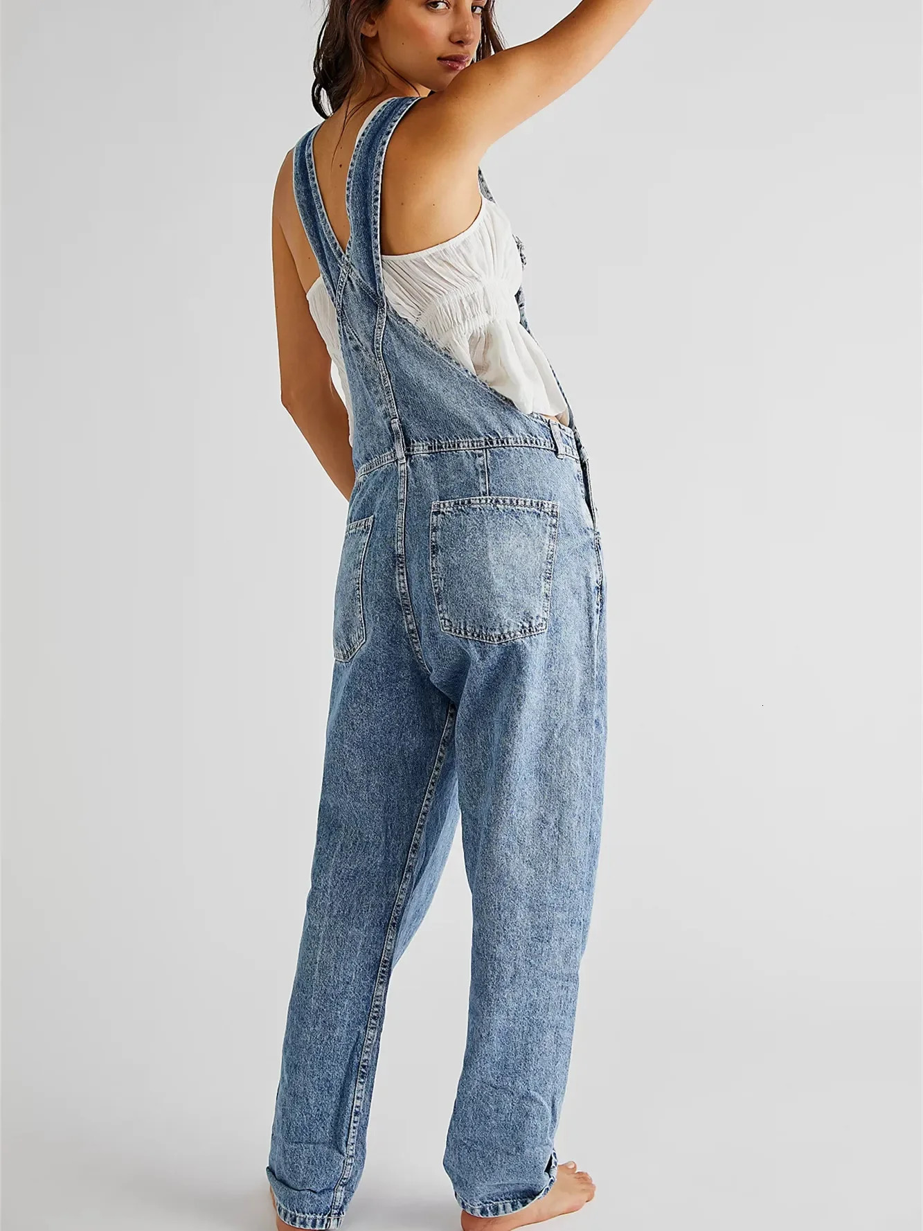 Fashion Denim Overalls for Women Loose Fit Classic Bib Casual Jean Stretchy Denim Overall Jumpsuit Tapered Leg Jean Pants 241230