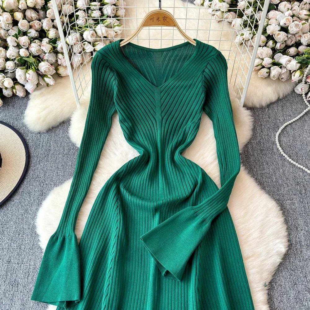 Elegant Knitted Long Dress Women Flare Sleelve V Neck Ruffles Solid Bodycon Dresses Party Fashion Office Lady Vestidos 250103