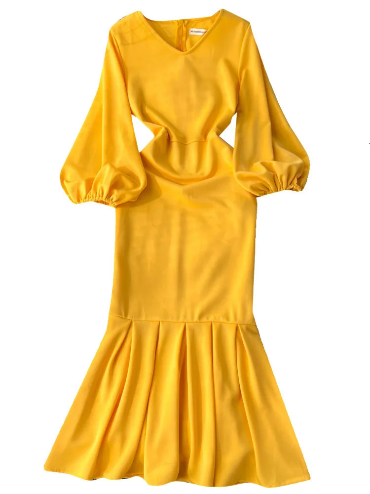 XFPV Women V-neck Solid Color Dress Puff Long Sleeve High Waist Casual Fashion Elegant Vestidos Autumn Winter 2025 SM9462 250103