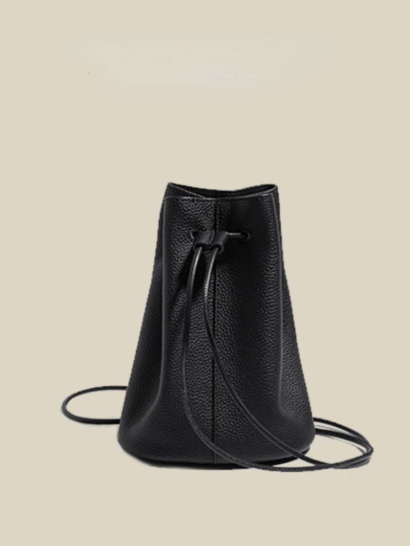 Fashion Cowhide Minority All-Match Casual Messenger Bags New Drawstring Solid Bucket Simple Commuter Exquisite Single-Shoulder
