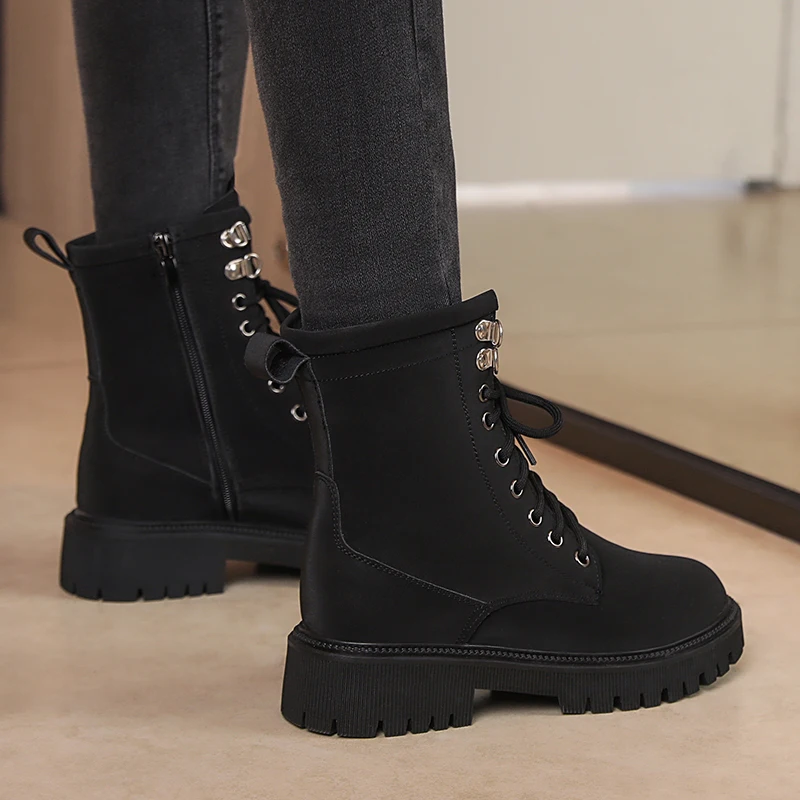 AIYUQI Women's Winter Boots Genuine Leather Women's Biker Boots Large Size Natural Wool Snow Boots Ladies