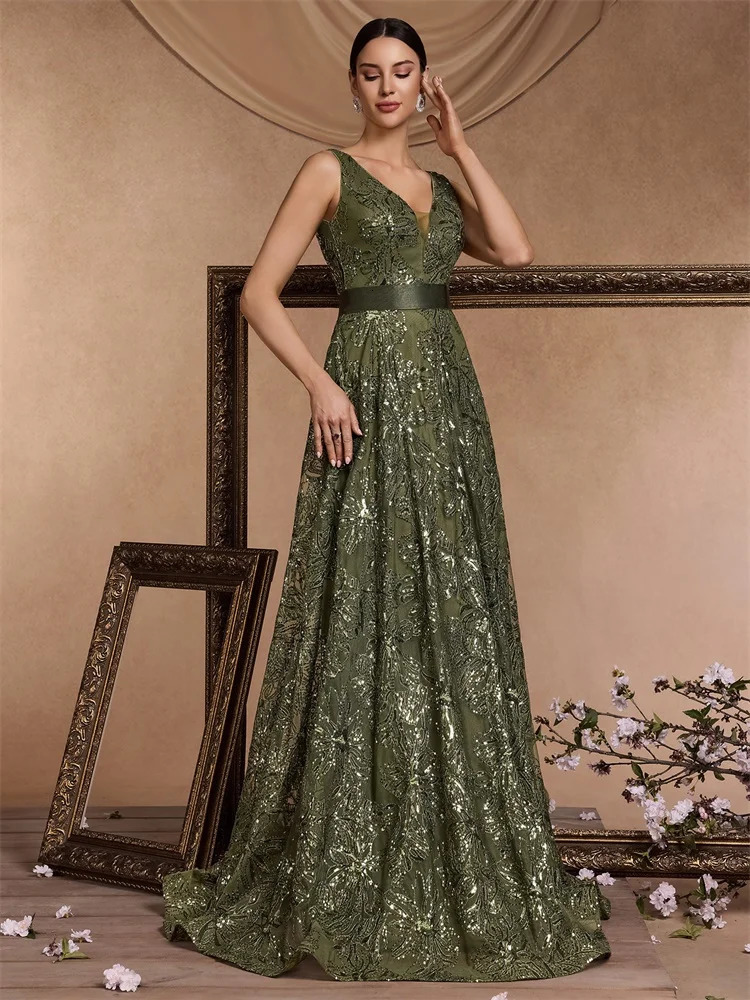 Lucyinlove Sexy Deep V-neck Sparkling Blue Evening Dress Elegant V-back Wedding Party Long Ball Cocktail Dress 250103
