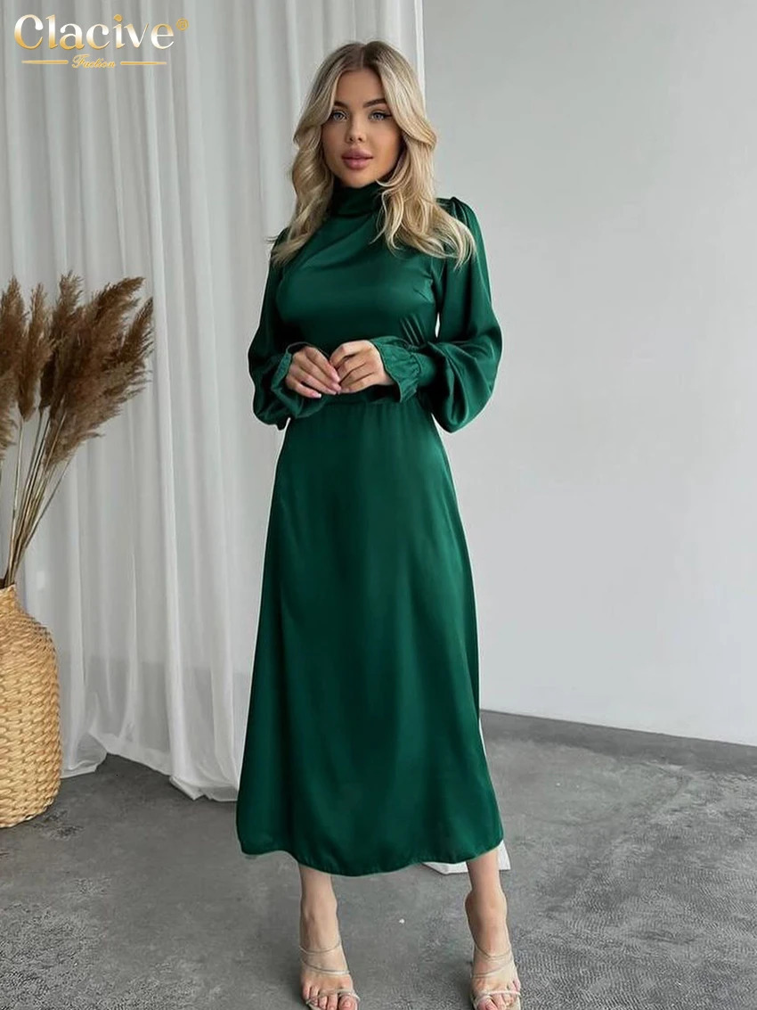 Clacive Fashion Loose Green Satin Womens Dress 2025 Elegant Upright Collar Long Sleeve Midi Dress Casual Classic Womens Dress 250103