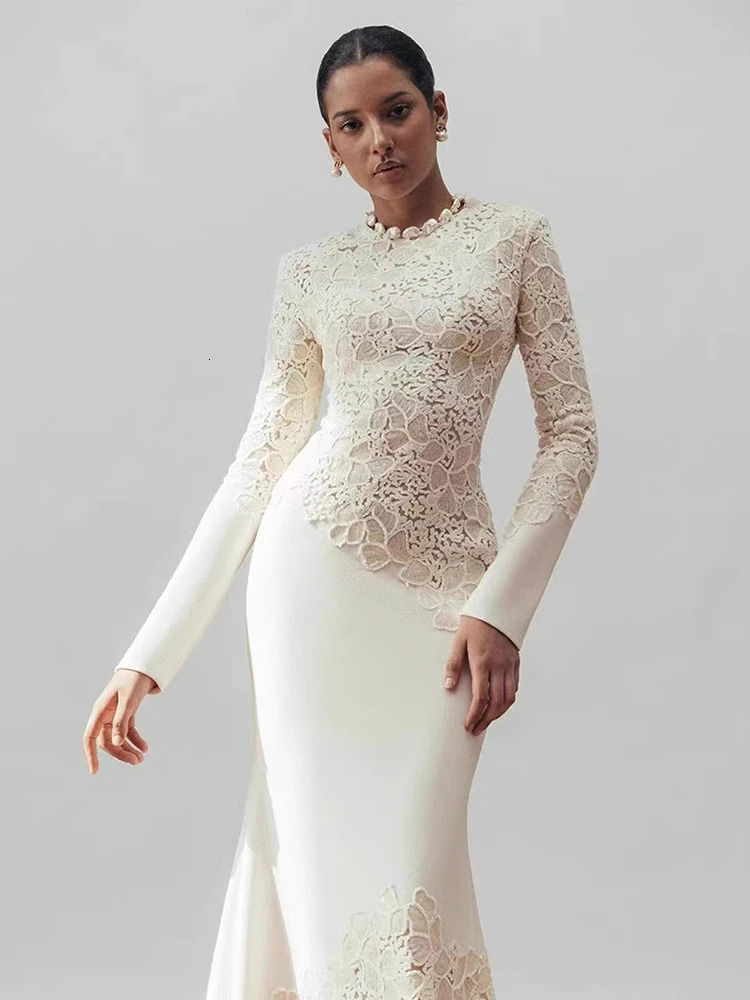 DEAT Elegant Dress Asymmetric Hollow Lace Hook Bracket Collar Fish Tail Womens Evening Dress 2025 Spring 13DL998 250103