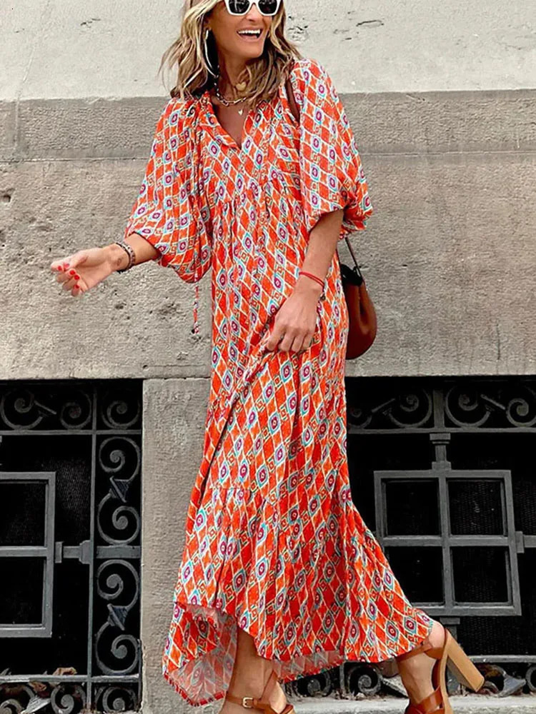 Fashionable womens printed summer loose bohemian dress casual elegant short sleeved beach party dress womens long robe style 250103