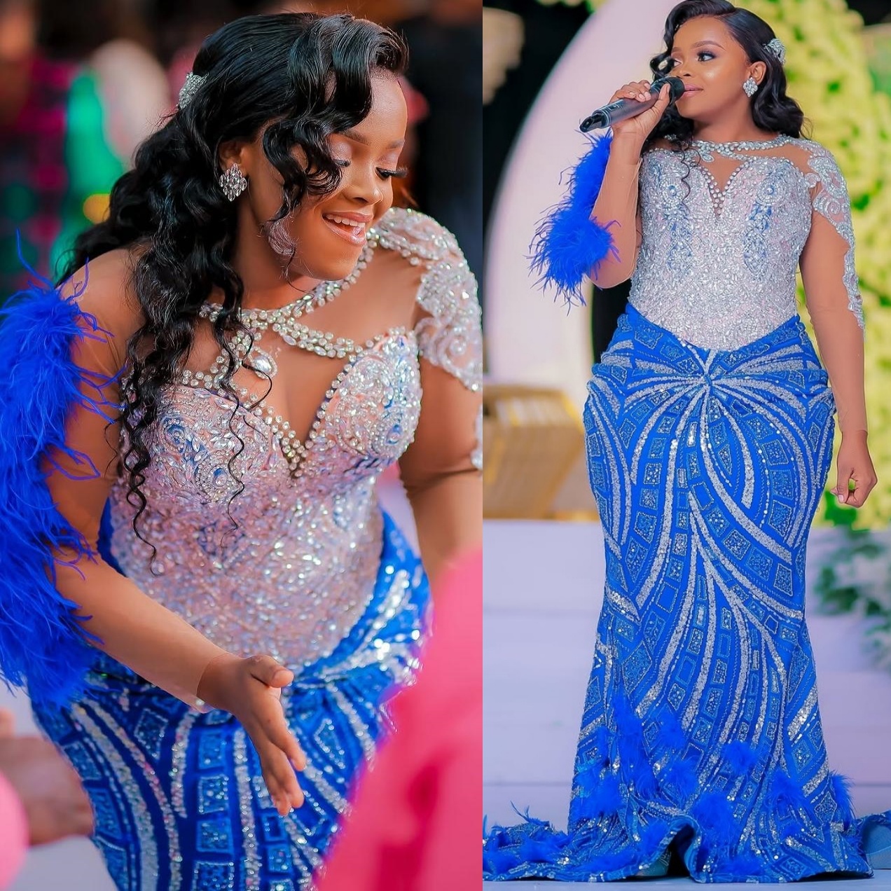 Royal Blue Mermaid Prom Dresses 2025 Beaded Cystals Feather Sequined Evening Formal Party Second Birthday Engagement Gowns Plus Size Dress For Special