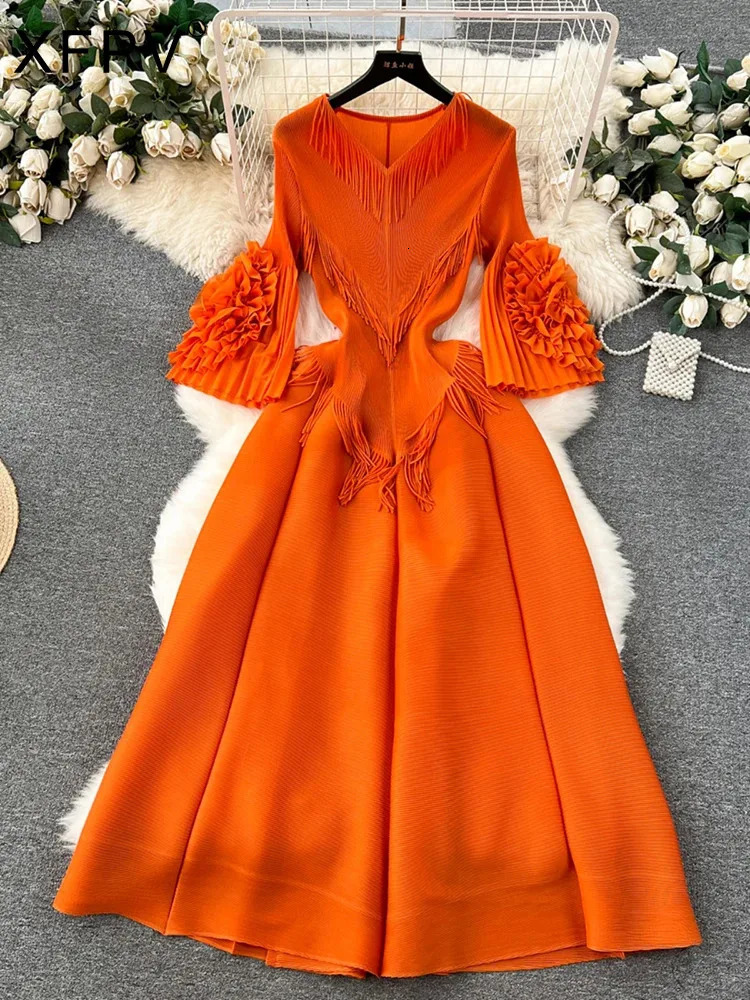 XFPV Women Tassel High Waist Mid Length A-line Dresses V-Neck Flare Sleeve Draped Slim Fit Vestidos Spring Summer 2025 SM10768 250103