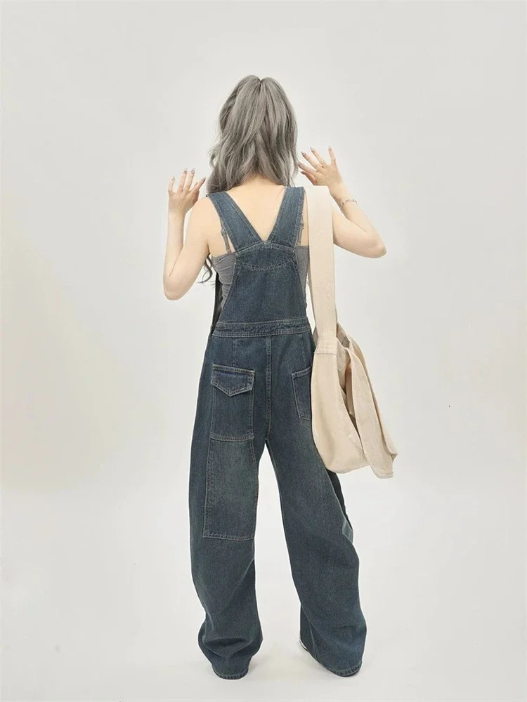 Womens Casual Blue Overalls Fashion Wide Leg Suspender Jumpsuits Pants Female Streetwear Rompers Straight Denim Trouser 241230