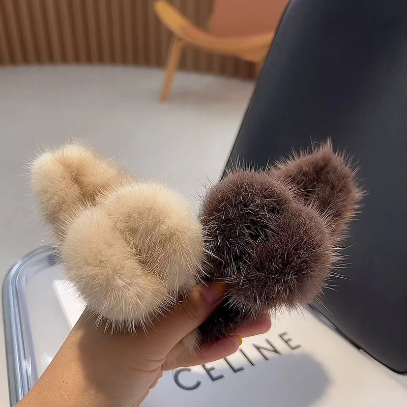 Real Mink Fur Barrettes Winter Fluffy Hair Claw Elegant Acrylic Hairpins Clip Crab Headwear for Women Girls Hair Accessories 250103