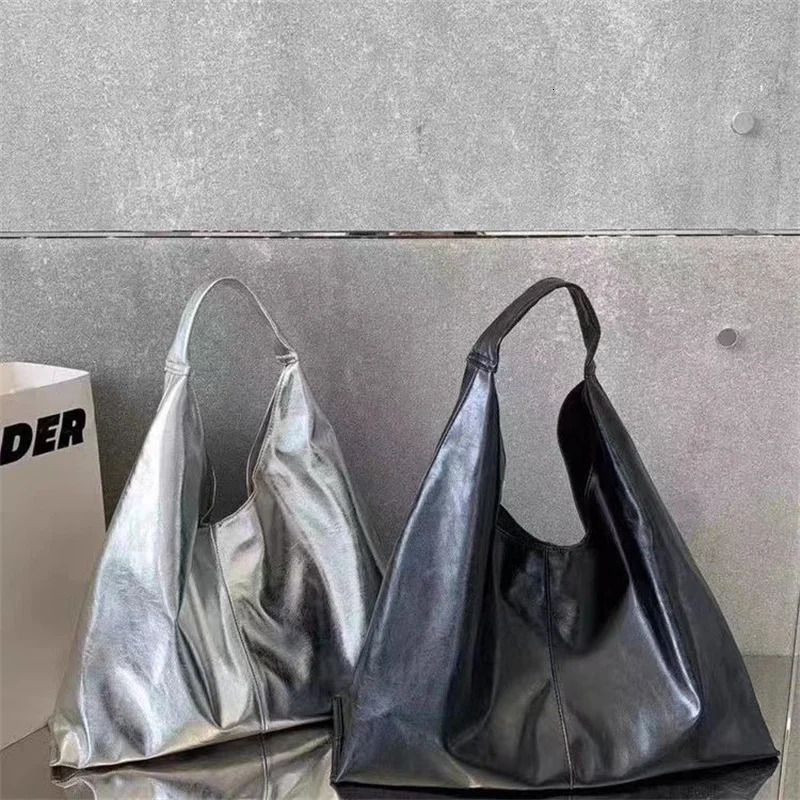 Large Capacity Silver Hobos Bags for Women and Shoulder Shopping Handbags in Soft Tote PU Leather 250102