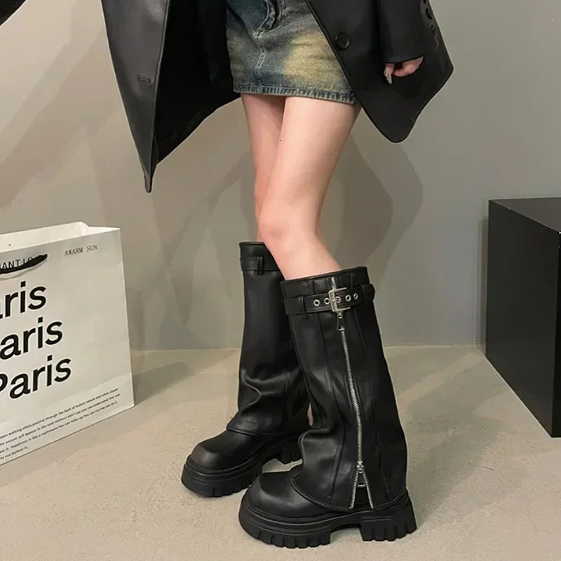Winter Women Biker Boots Fashion Belt Buckle Ladies Elegant Platform Long Pipe Booties Casual Womens Knee High Booties 250103