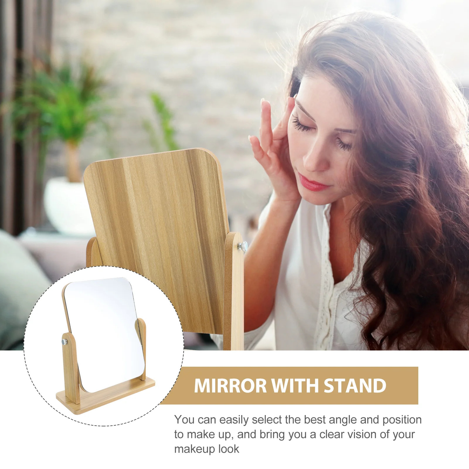Desktop Vanity Mirror Swivel Square Natural Home Makeup with Stand Glass Wood Travel Dresser 250103