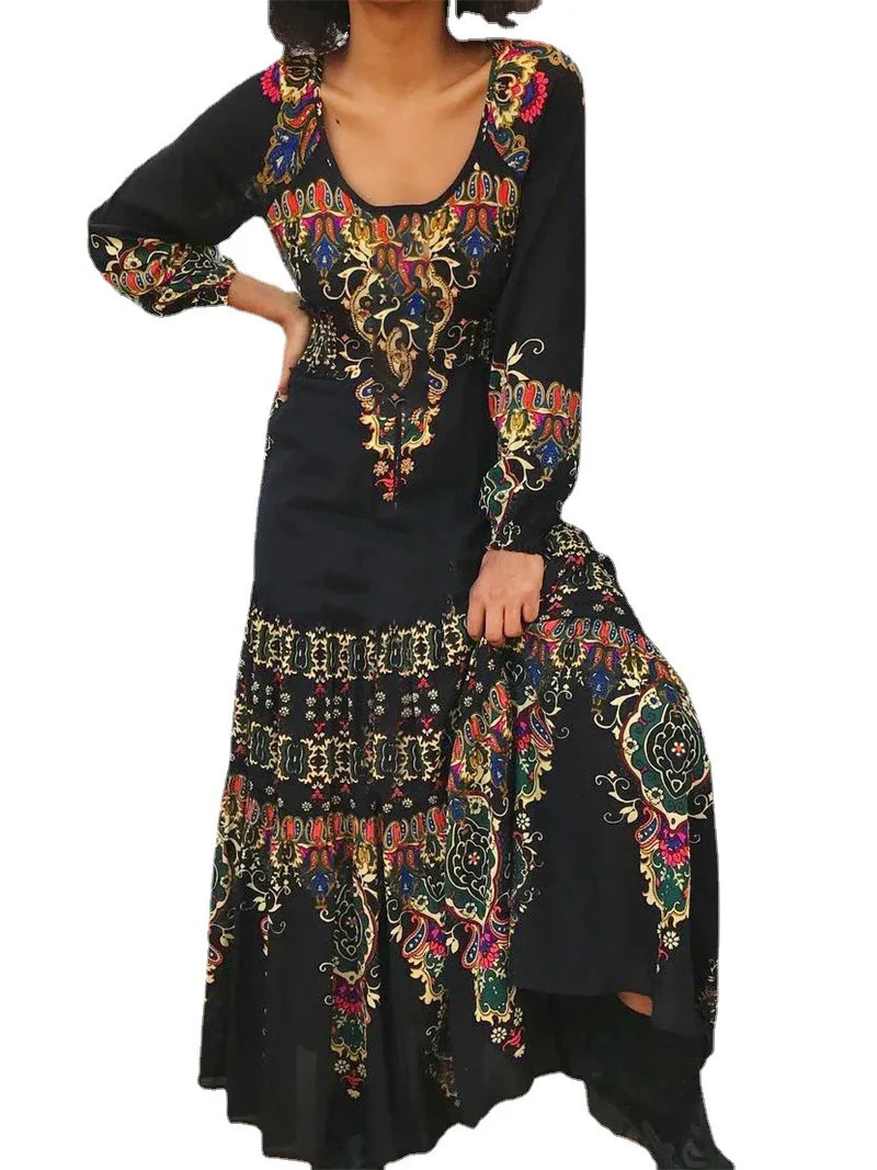 Thin Light Summer Bohemian Retro Printed O-neck Dress Elegant Party Dress er Vestdos Loose Midi Dress Street Clothing 250103
