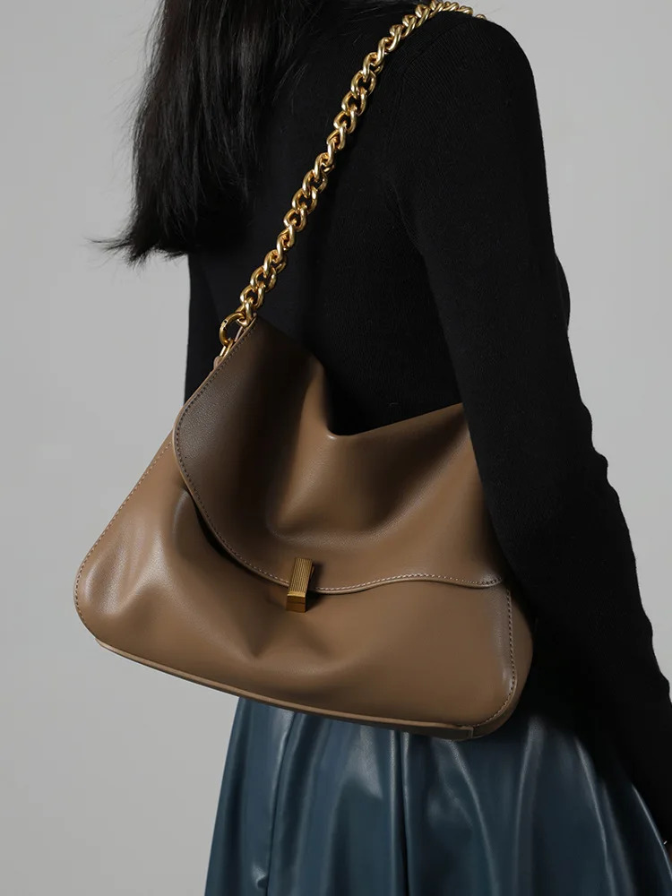 Large Cow Flap Shoulder Chain Bag 2024 Solid Genuine Leather Female Crossbody Handbag Messenger Bags