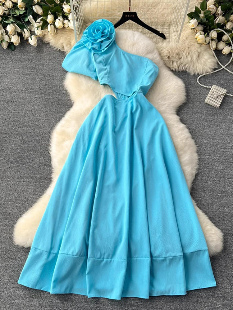 XFPV Women Sweet Temperament Party Dress Three-dimensional Flower Hollowed Out puff Sleeve Vestidos Fashion Summer 2025 SM11252 250103