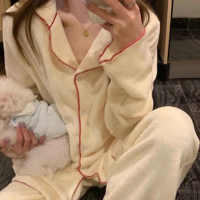 Flannel Womens Pajamas Sets Casual Autumn Winter Sleepwear Velvet Pyjama Ladies Cardigan Simple Bedroom Soft Warm Home Clothes 250103