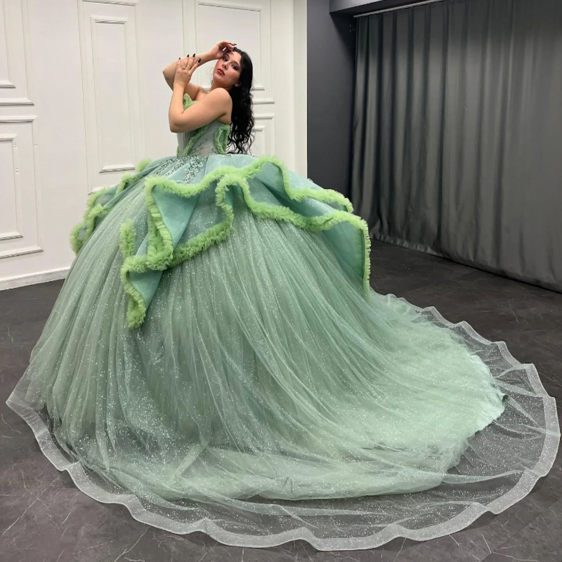 Sage Green Quinceanera Dresses Ball Gown Off The Shoulder Applique Lace Beading Tull Party Birthday Sweet 16 Vestido De 15 Anos