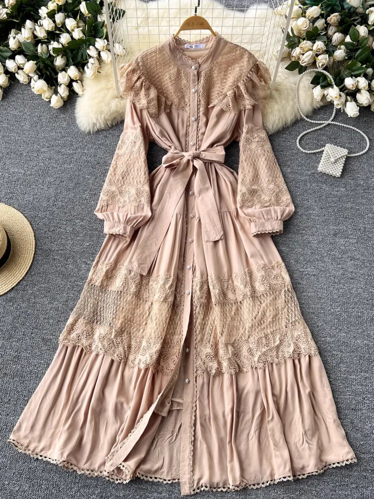 XFPV Retro Lace Embroidery Long Dress Vestidos Women Lantern Sleeve O-neck Single Breasted 2025 Summer Clothing SM11283 250103
