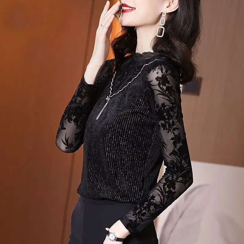 Womens shirt lace autumn/winter long sleeved womens shirt black Blusas Mujer De Moda 241231