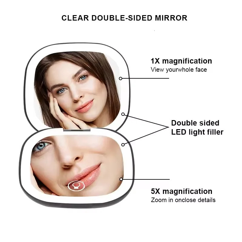 Custom Personalized High Quality LED Pocket Makeup 10X 5X Magnifiers Colorful Rechargeable Portable Make-Up Mirror 250103