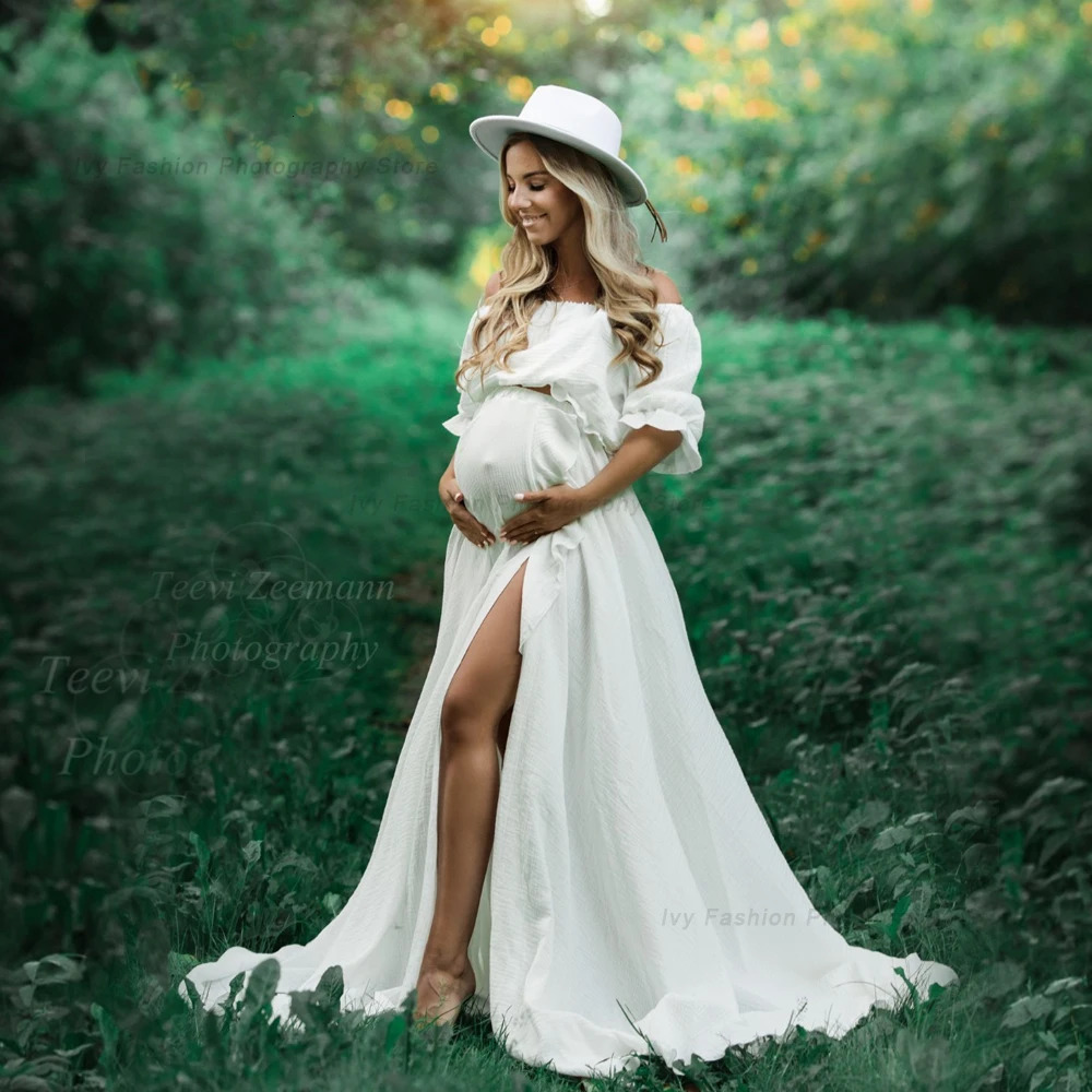 Bohemian Po Shooting Pregnancy Dress Ruffle Edge Off Shoulder Short Sleeve Linen Cotton Dress Boho Style Baby Shower Dress 250103
