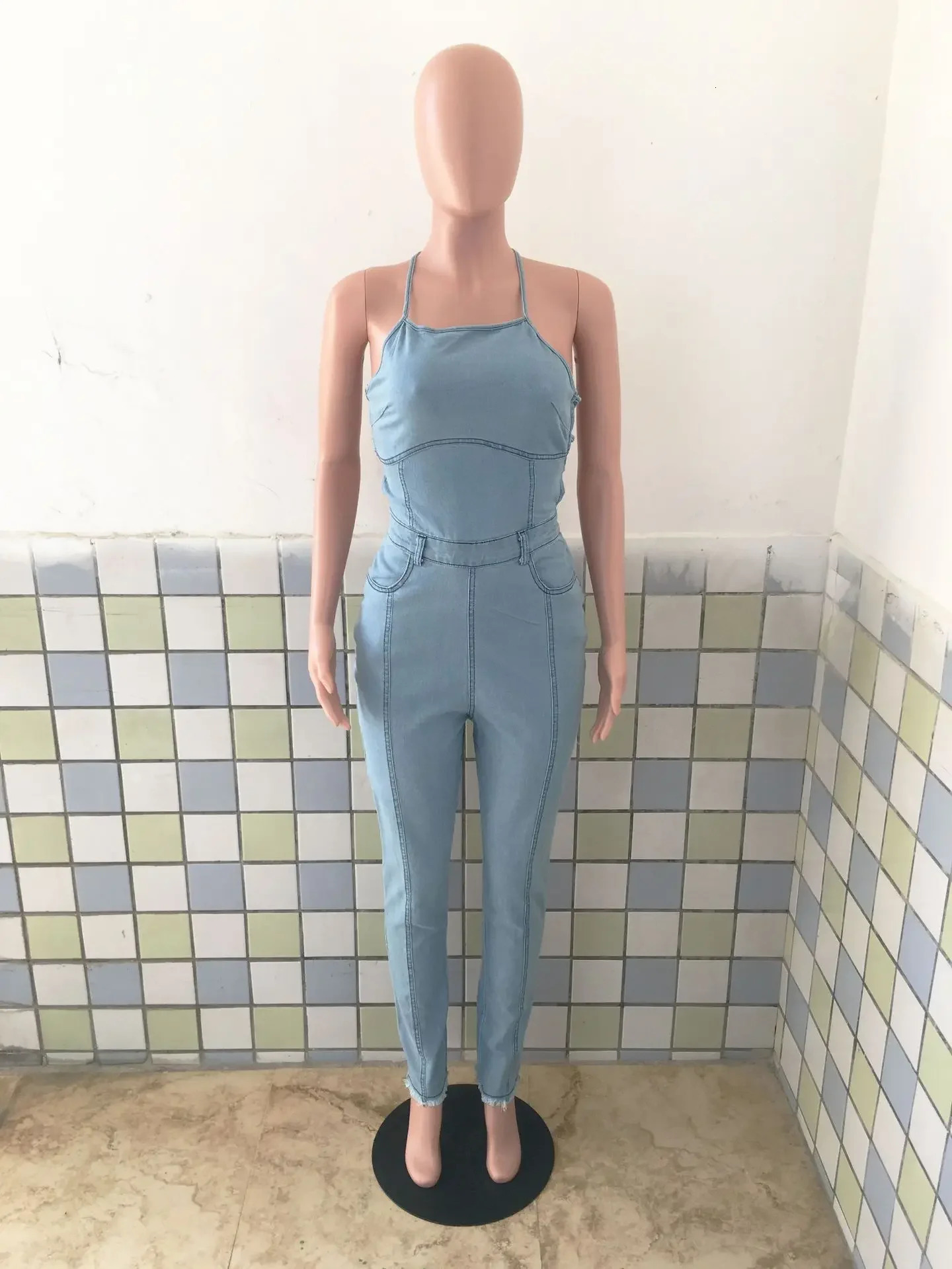 Womens Stylish Solid Color Denim Romper Casual Slim-fit and Backless Bandage Denim Romper Hang Neck Sleeveless Jumpsuit 241230