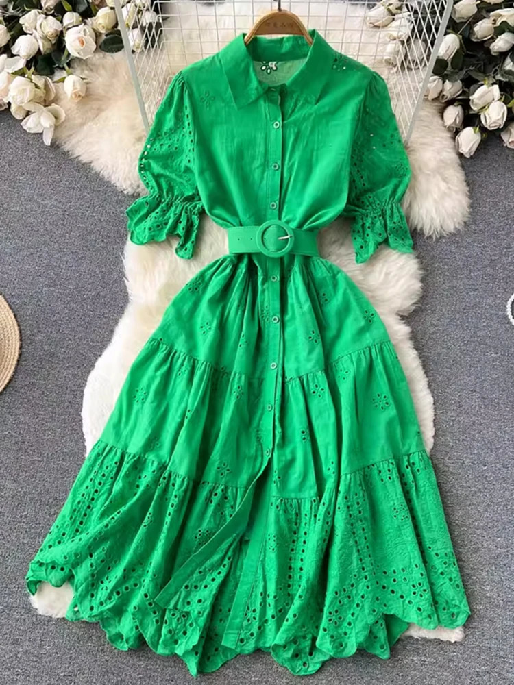 XFPV Women Light Hollow Out High Waist A-line Dresses Lapel Puff Sleeve Loose Mid Length Vestidos Summer 2025 SM10995 250103