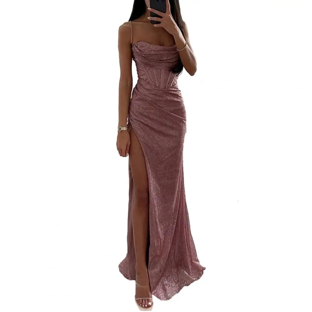 Versatile Party Dress Elegant Sequin Spaghetti Strap Evening with Off Shoulder High Split for Womens Prom Floor Length 250103