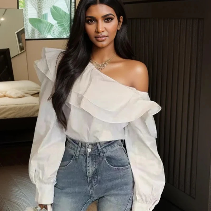 Retro pleated shoulder white shirt for women fashionable long sleeved loose and elegant womens slim fit casual sexy top 8395 241231