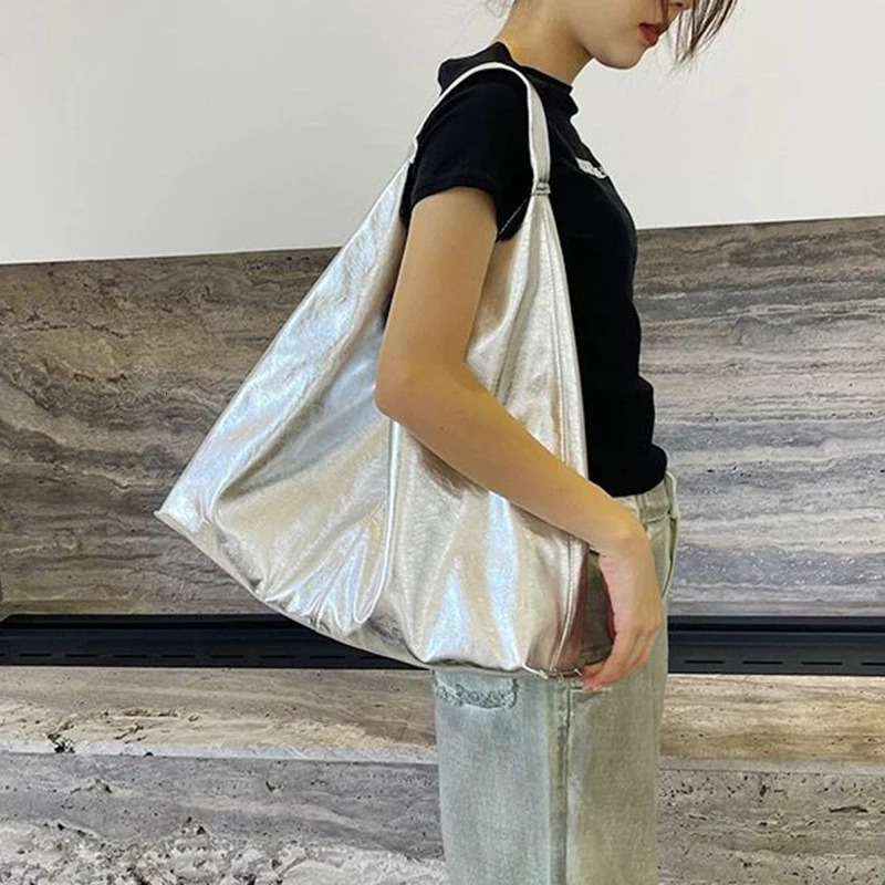 Large Capacity Silver Hobos Bags for Women and Shoulder Shopping Handbags in Soft Tote PU Leather 250102
