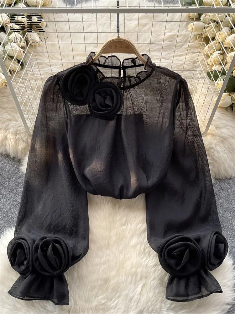 SINGREINY Ruffles Flower Loose Women Shirt Elegant O Neck Long Sleeve Transparent Thin Ladies Mesh Casual Fashion Chic Blouse 241230