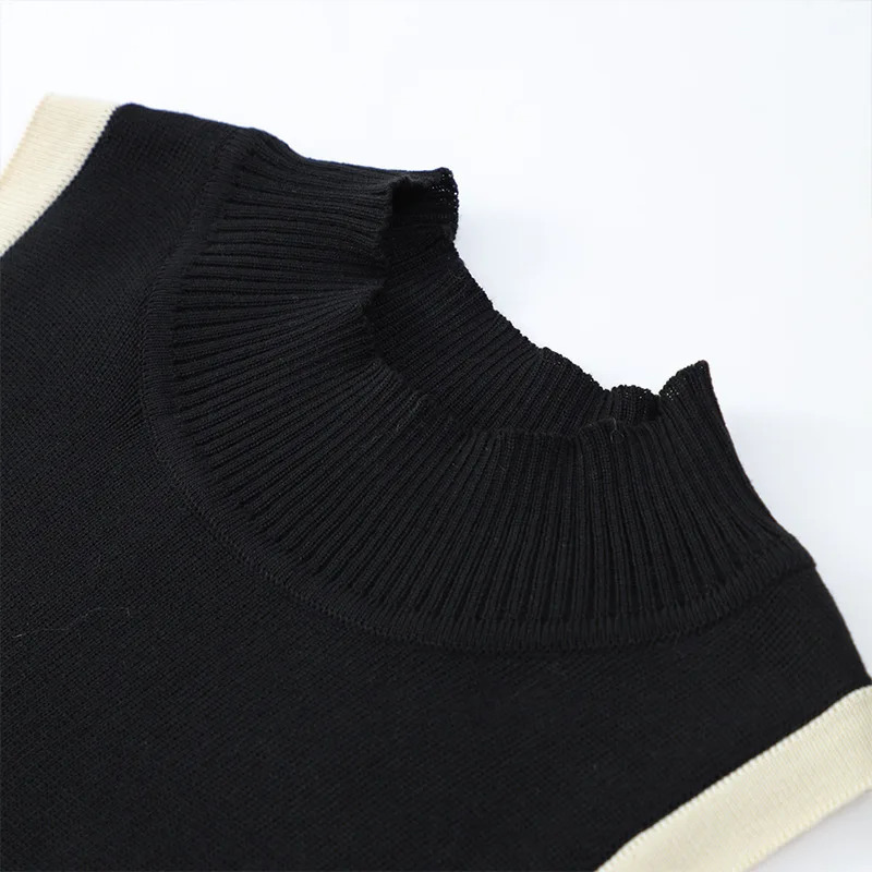 Women Fashion Contrast Pleated Knitted Mini Dress Chic Half High Collar Sleeveless Slim Dresses 2024 Female High Streetwear 250102