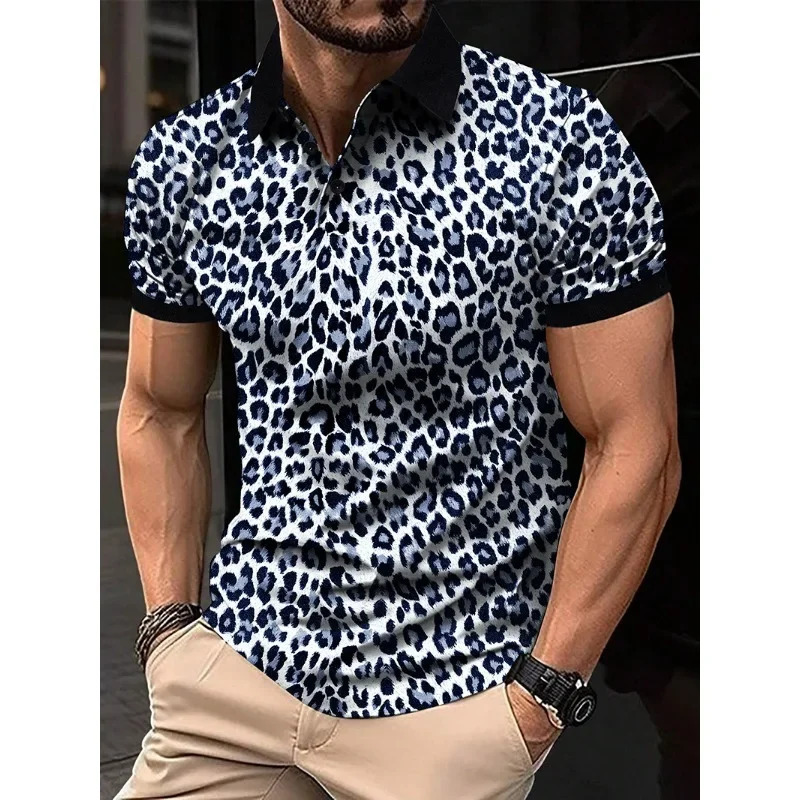 1pc Mens Fashion Tshirt Leopard Print Short Sleeve Breathable Lapel Men Clothing 241224Z