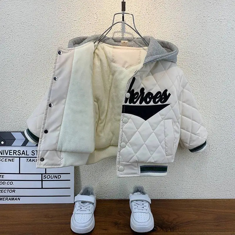 Boys Coat Jacket Outwear Tops Cotton Sweet Thicken Plus Velvet Winter Autumn School Gift Overcoat Childrens Clothes 241226