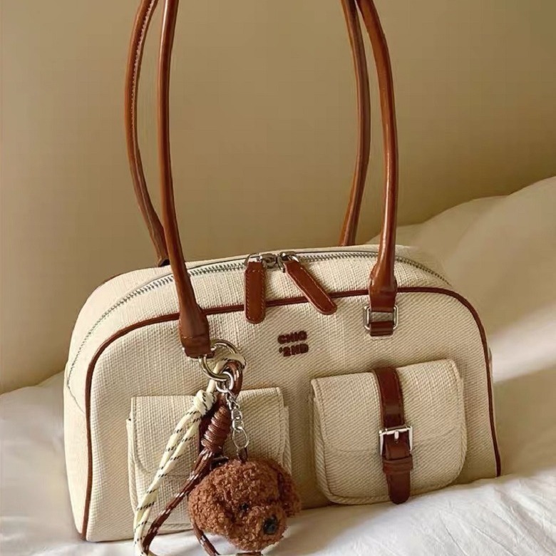 Brand Designer PU Leather And Canvas Patchwork Women's Shoulder High Quality Contrast Color Crossbody Bag Bucket Handbag