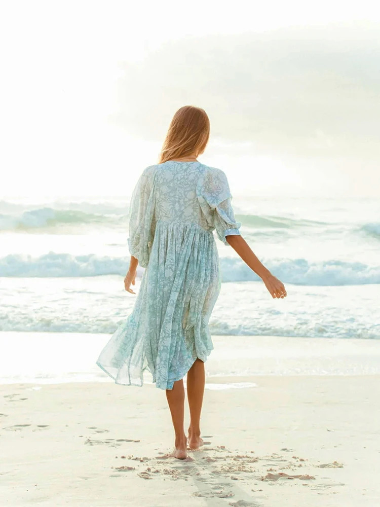 Fitting Behemian Retro Beach Dress Womens Pareo Holiday Lantern Sleeve Midi Dress Womens Clothing Bohemian Tank Top Summer 250103