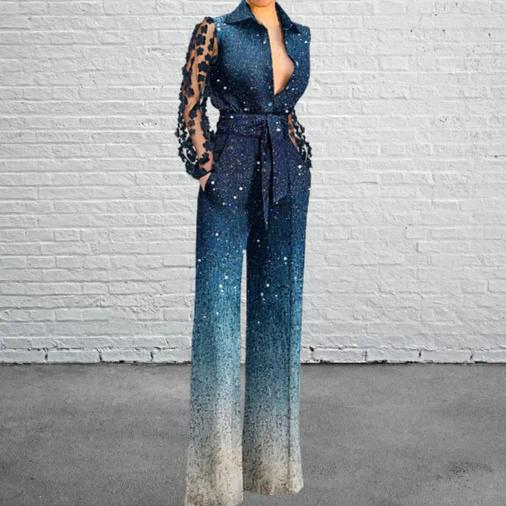 Flower Decor Net Yarn Sleeve Women Jumpsuit Turn-Down Collar Patchwork Color Belt Pockets Jumpsuit Streetwear 241230