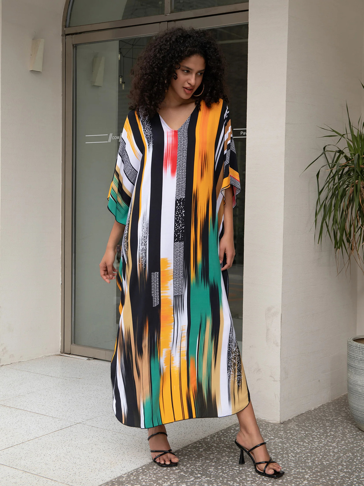 striped print Summe beach dress womens clothing Bohemian V-neck batwing sleeves Kaftan vacation Moo dress Q1638 250103