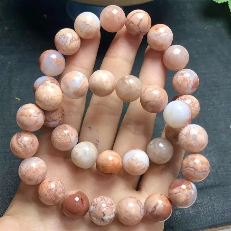 12MM Natural Pink Flower Agate Bracelet Woman Lady Man Healing Wealth Gift Crystal Beads Quartz Gemstone Jewelry 250102