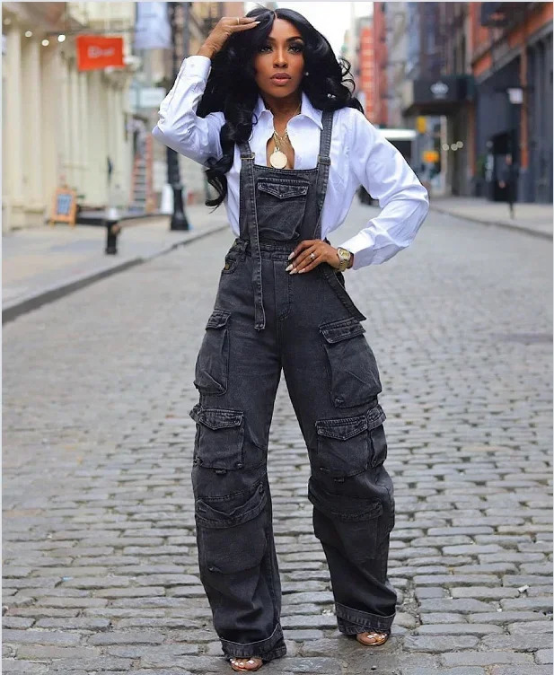 Fashion Denim Jumpsuits for Women Summer Y2K Clothing Solid Big Pockets Jean Rompers Playsuits One Pieces Overalls Outfits 241230
