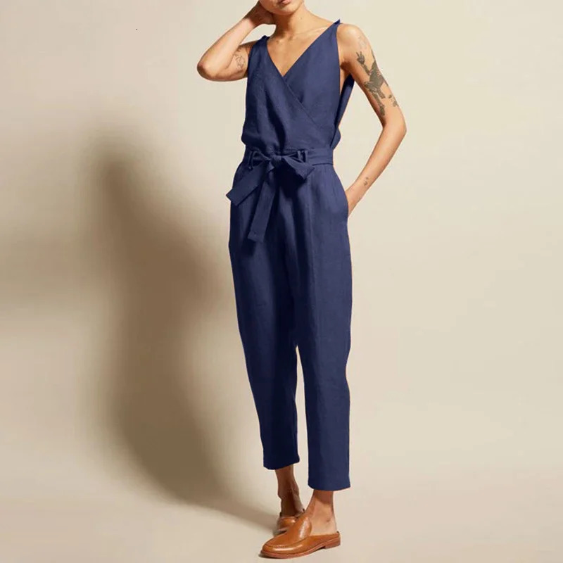 Cotton Linen Sleeveless Women Jumpsuit Summer Causal Solid V-Neck Drawstring Lace Up Waist Straight Leg Jumpsuits Plus Size 241230