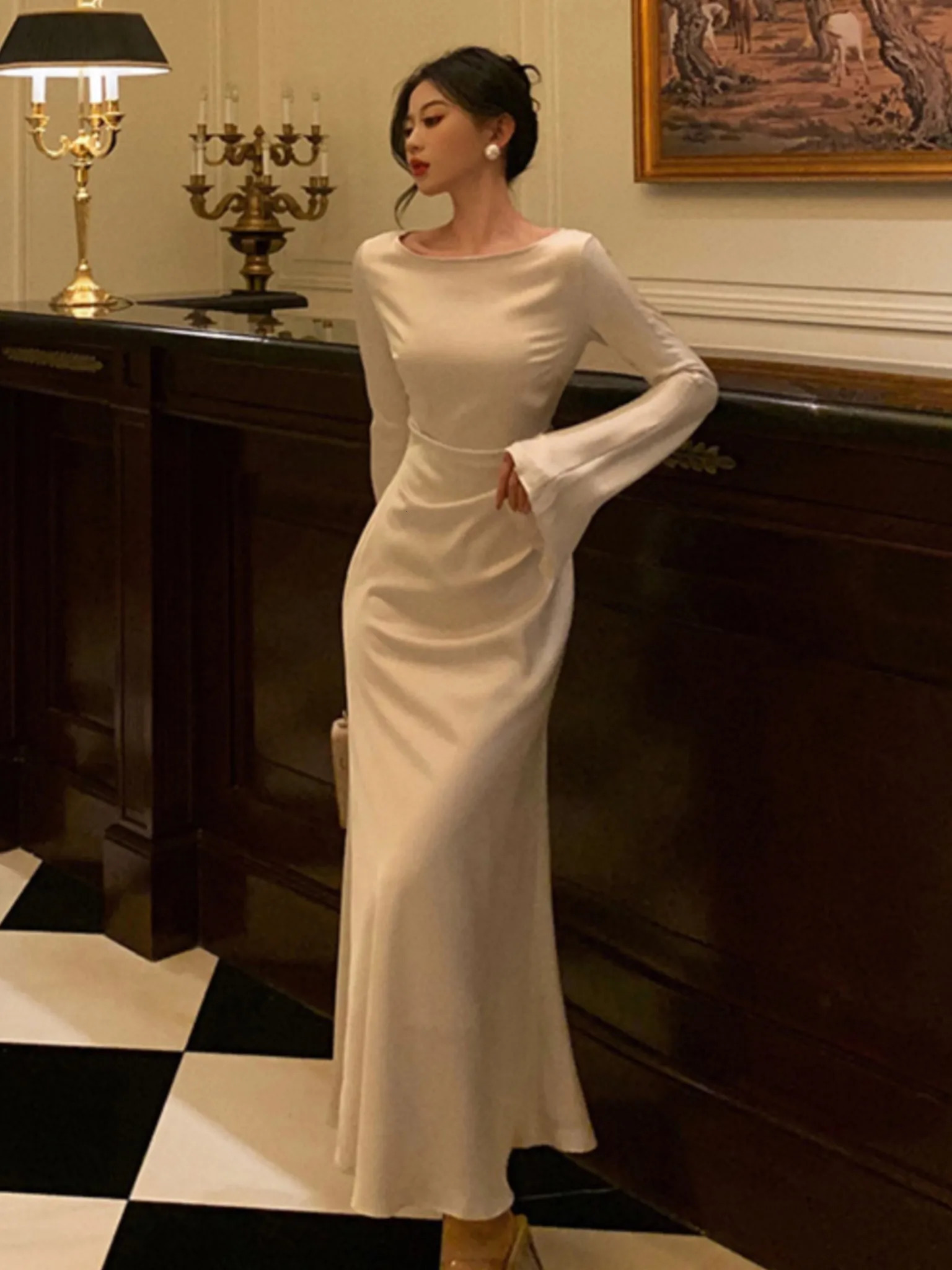 Elegant Flare Sleeve Wedding Mermaid Long Dress Women Spring Autumn French Vintage Slim One Piece Party Robe Mujers Clothes 250103